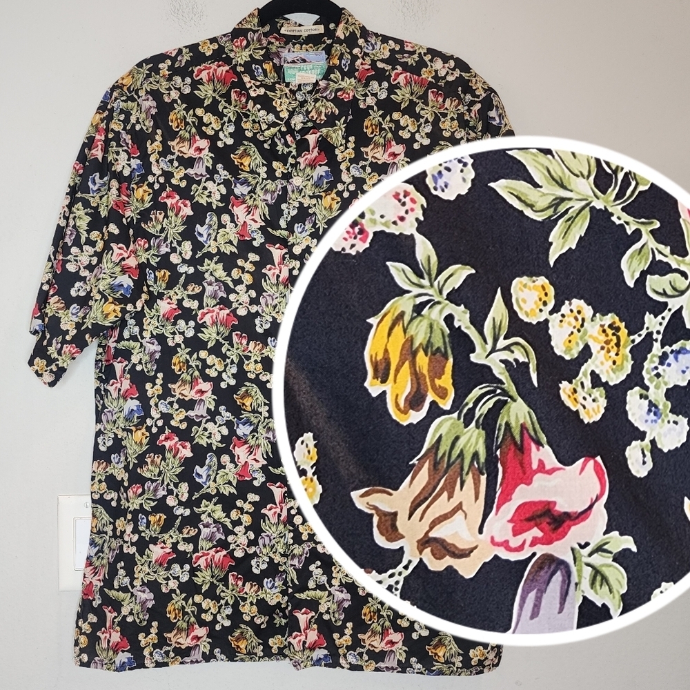 Reyn Spooner Hawaiian Black Multi Floral short sleeve button shirt cotton L‎